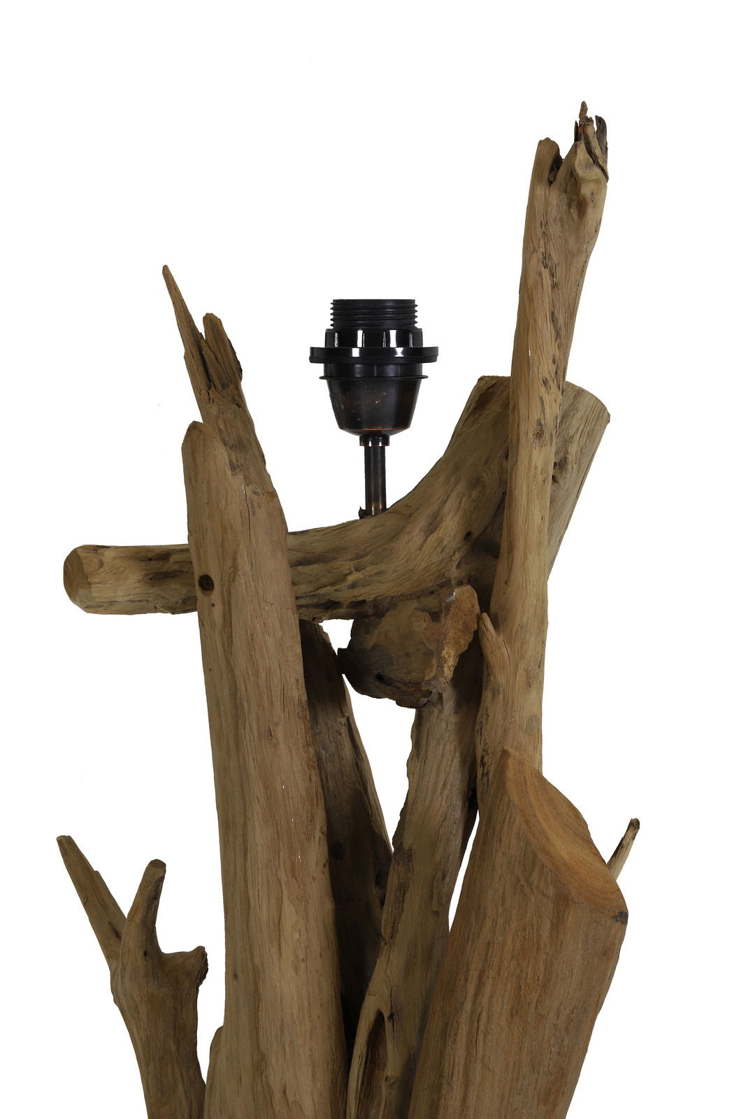 Nahaufnahme einer Stehleuchte mit natürlichem Holzdesign, vertikale Perspektive