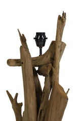 Nahaufnahme einer Stehleuchte mit natürlichem Holzdesign, vertikale Perspektive