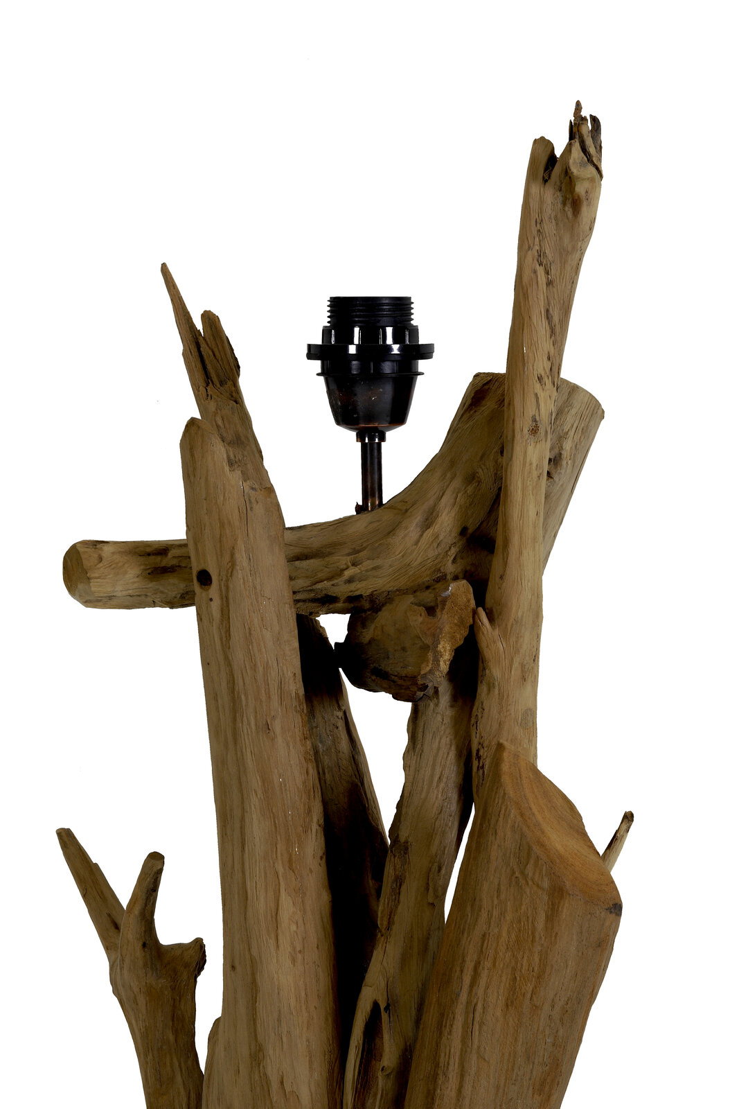 Nahaufnahme einer Stehleuchte mit natürlichem Holzdesign, vertikale Perspektive