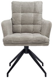 Frontansicht eines modernen Armlehnstuhls mit geripptem Stoffbezug und schwarzem Metallgestell.