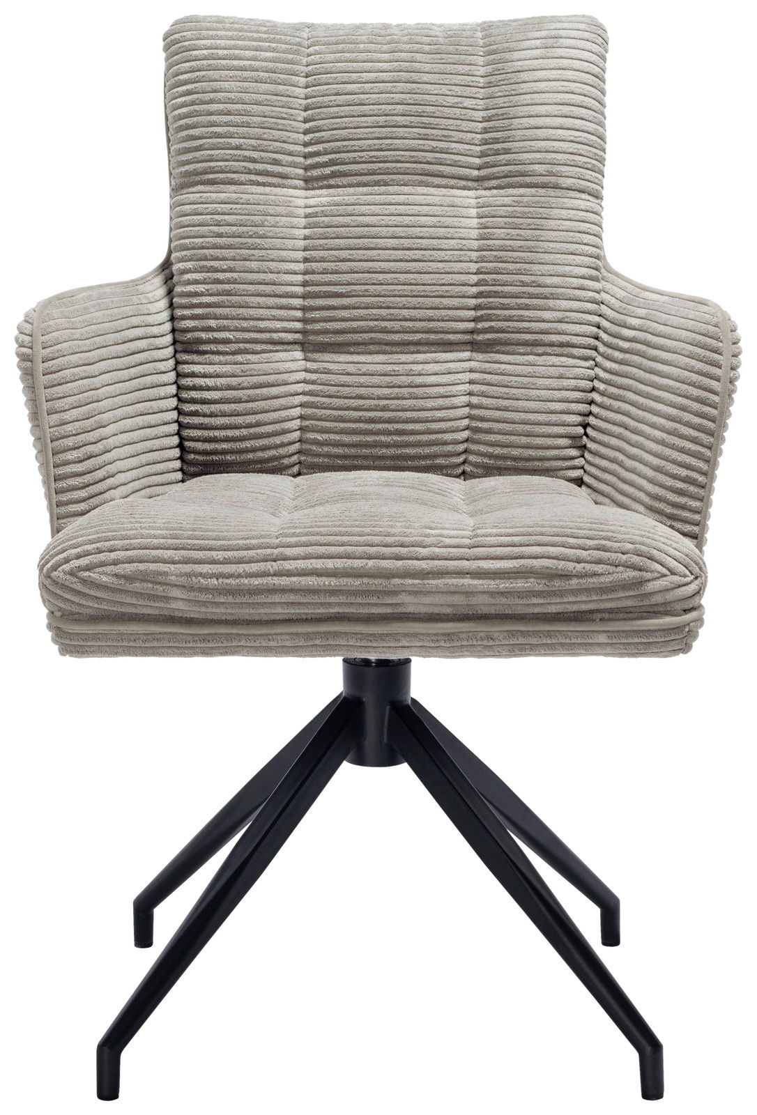 Frontansicht eines modernen Armlehnstuhls mit geripptem Stoffbezug und schwarzem Metallgestell.