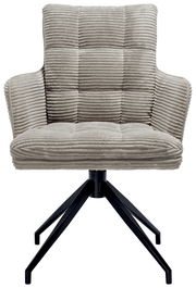 Frontansicht eines modernen Armlehnstuhls mit geripptem Stoffbezug und schwarzem Metallgestell.