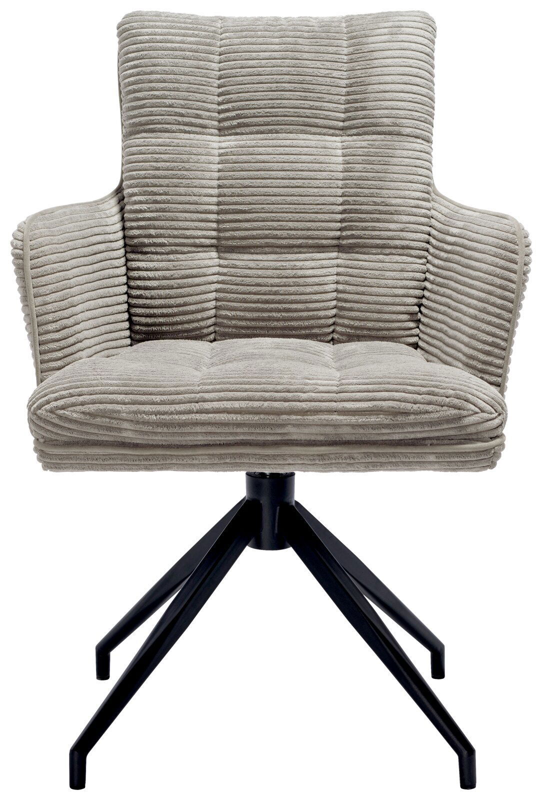 Frontansicht eines modernen Armlehnstuhls mit geripptem Stoffbezug und schwarzem Metallgestell.