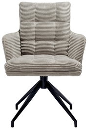 Frontansicht eines modernen Armlehnstuhls mit geripptem Stoffbezug und schwarzem Metallgestell.