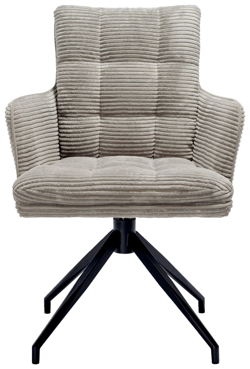 Frontansicht eines modernen Armlehnstuhls mit geripptem Stoffbezug und schwarzem Metallgestell.
