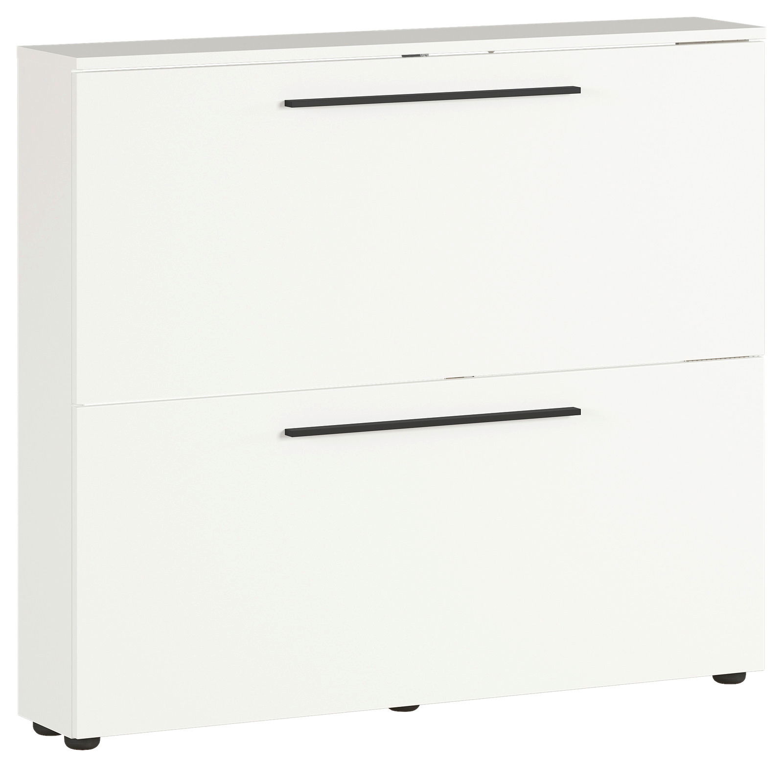 Weißer Schuhschrank mit zwei Klappen und schwarzen Griffen, seitliche Perspektive