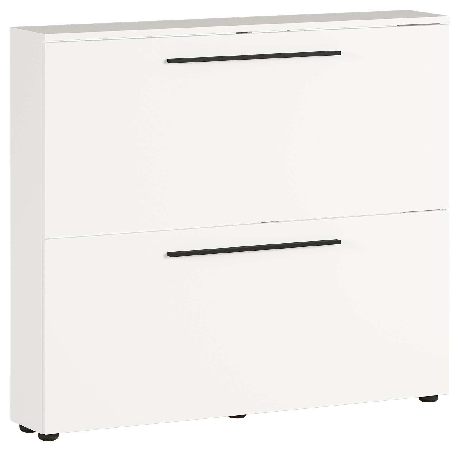 Weißer Schuhschrank mit zwei Klappen und schwarzen Griffen, seitliche Perspektive