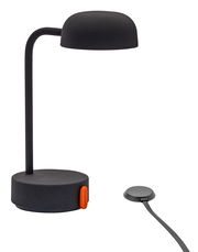 Moderne Tischlampe in Anthrazit mit gebogenem Arm und rundem Lampenschirm, seitliche Ansicht