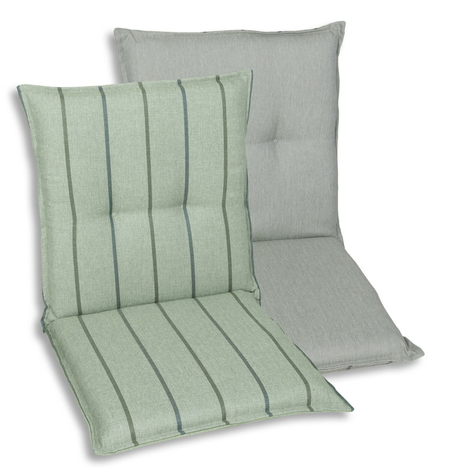 Go-De Wendesesselauflage 23529 Zwei Sesselauflagen in Vorderansicht, eine mit grün-grauen Streifen und eine in schlichtem Grau.