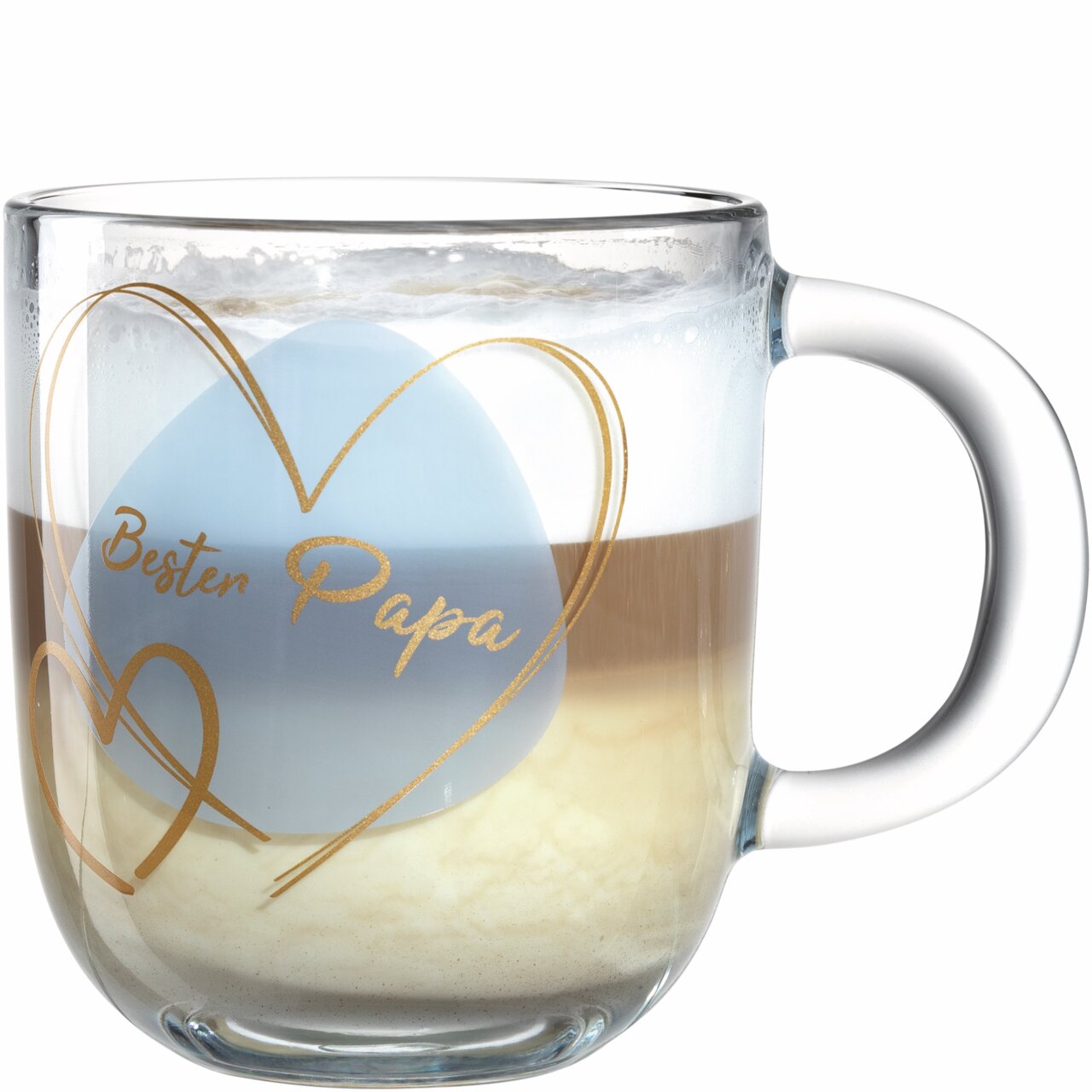 Glas-Tasse mit der Aufschrift 'Bester Papa' und Herzmotiv, seitliche Perspektive