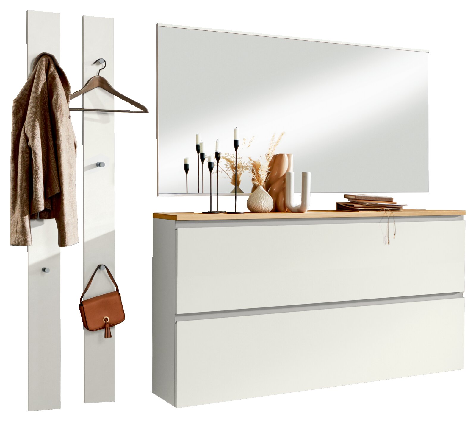 Dieter Knoll Garderoben-Set 4-tlg. SORRENT Garderoben-Set 4-tlg. mit zwei weißen Paneelen, einem großen Spiegel und einer Kommode mit Holzoberfläche, seitliche Perspektive