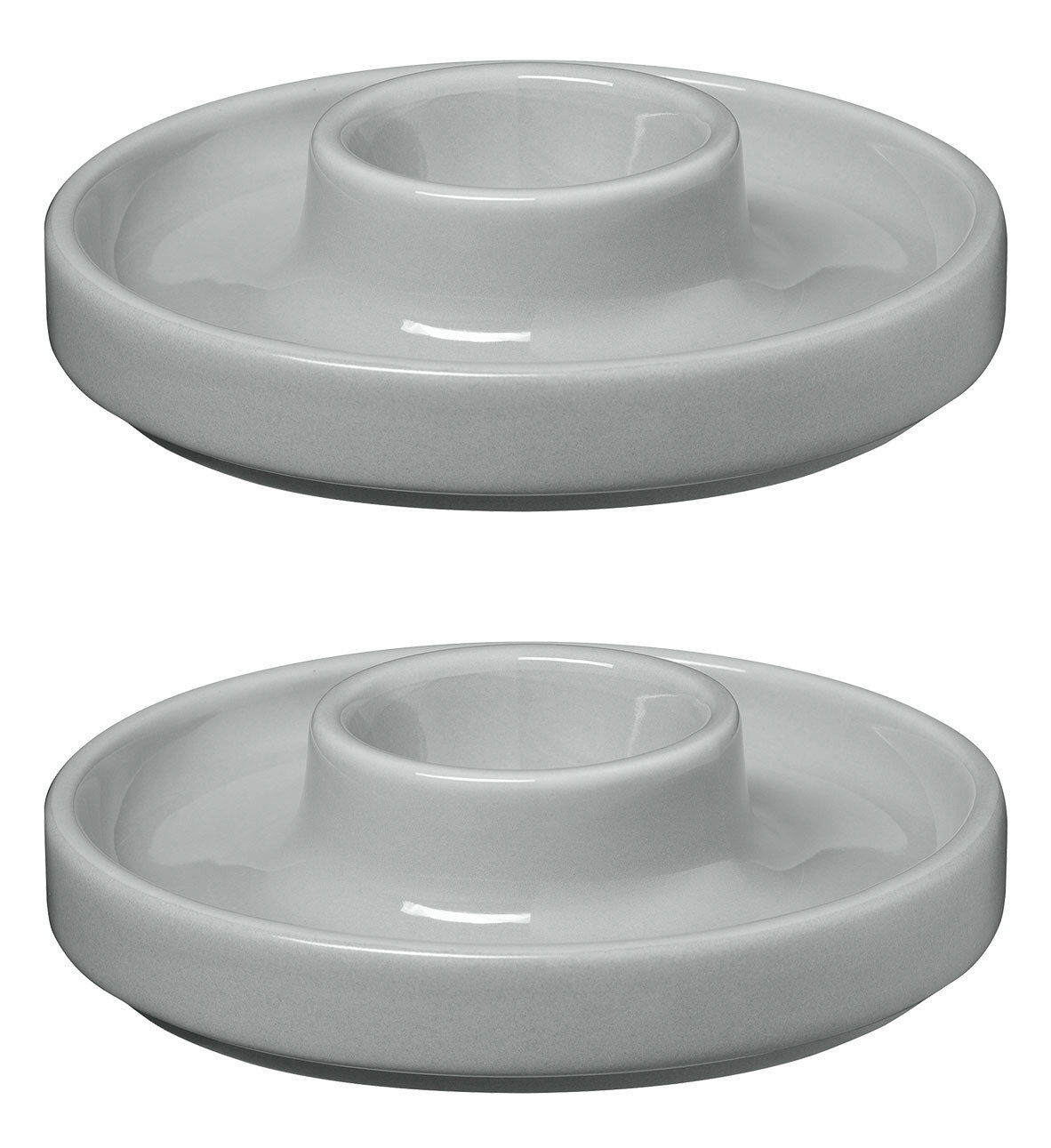 Zwei graue Eierbecher aus Keramik, von der Seite betrachtet, mit einem erhöhten Mittelteil für das Ei.