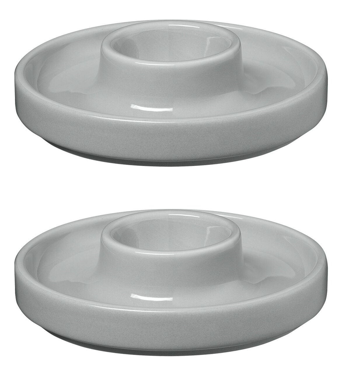 Zwei graue Eierbecher aus Keramik, von der Seite betrachtet, mit einem erhöhten Mittelteil für das Ei.