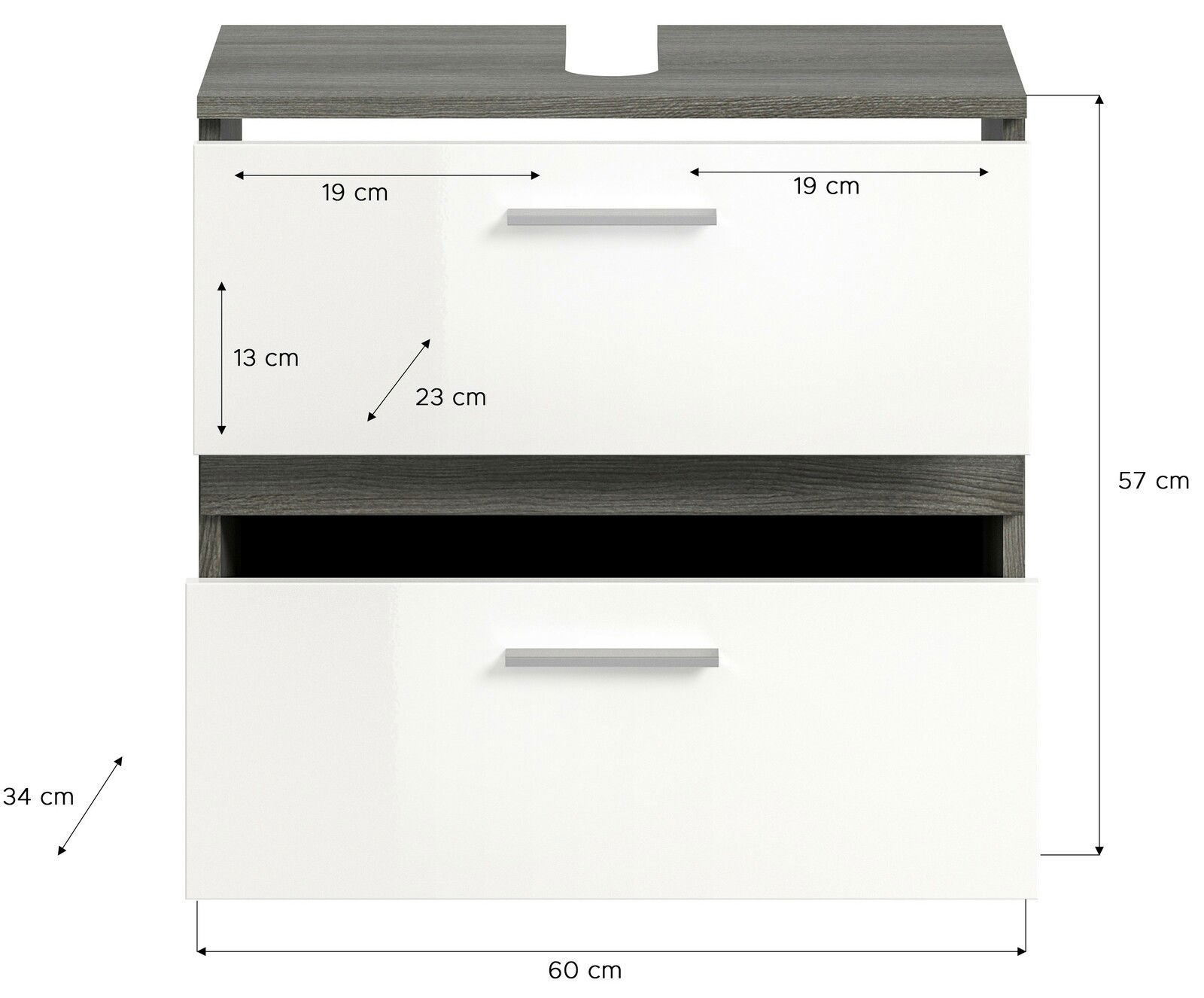 Frontansicht einer Badkombination mit zwei weißen Schubladen und grauer Oberseite, Maße: 60 cm Breite, 57 cm Höhe, 34 cm Tiefe.