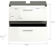 Frontansicht einer Badkombination mit zwei weißen Schubladen und grauer Oberseite, Maße: 60 cm Breite, 57 cm Höhe, 34 cm Tiefe.