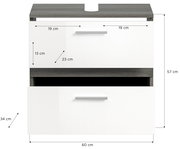 Frontansicht einer Badkombination mit zwei weißen Schubladen und grauer Oberseite, Maße: 60 cm Breite, 57 cm Höhe, 34 cm Tiefe.