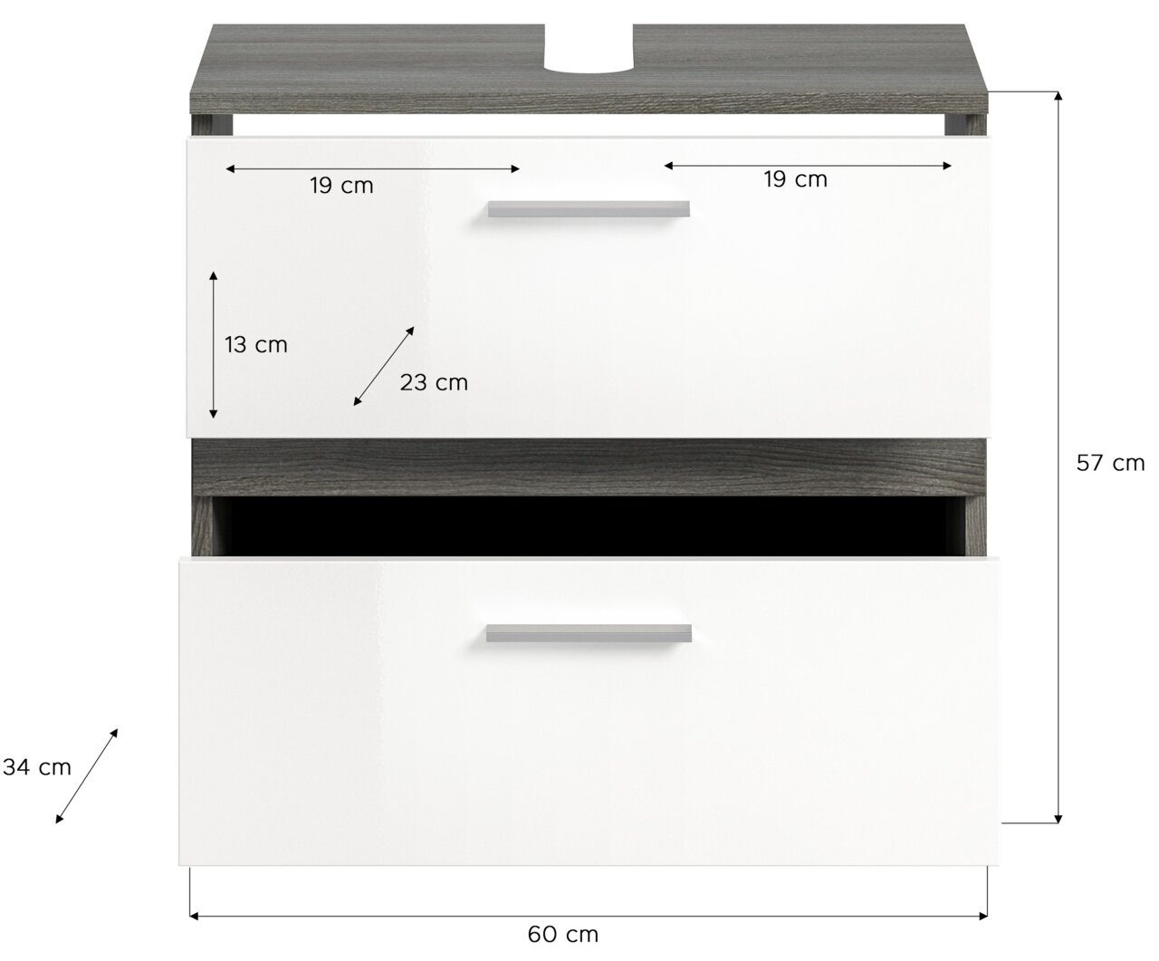 Frontansicht einer Badkombination mit zwei weißen Schubladen und grauer Oberseite, Maße: 60 cm Breite, 57 cm Höhe, 34 cm Tiefe.