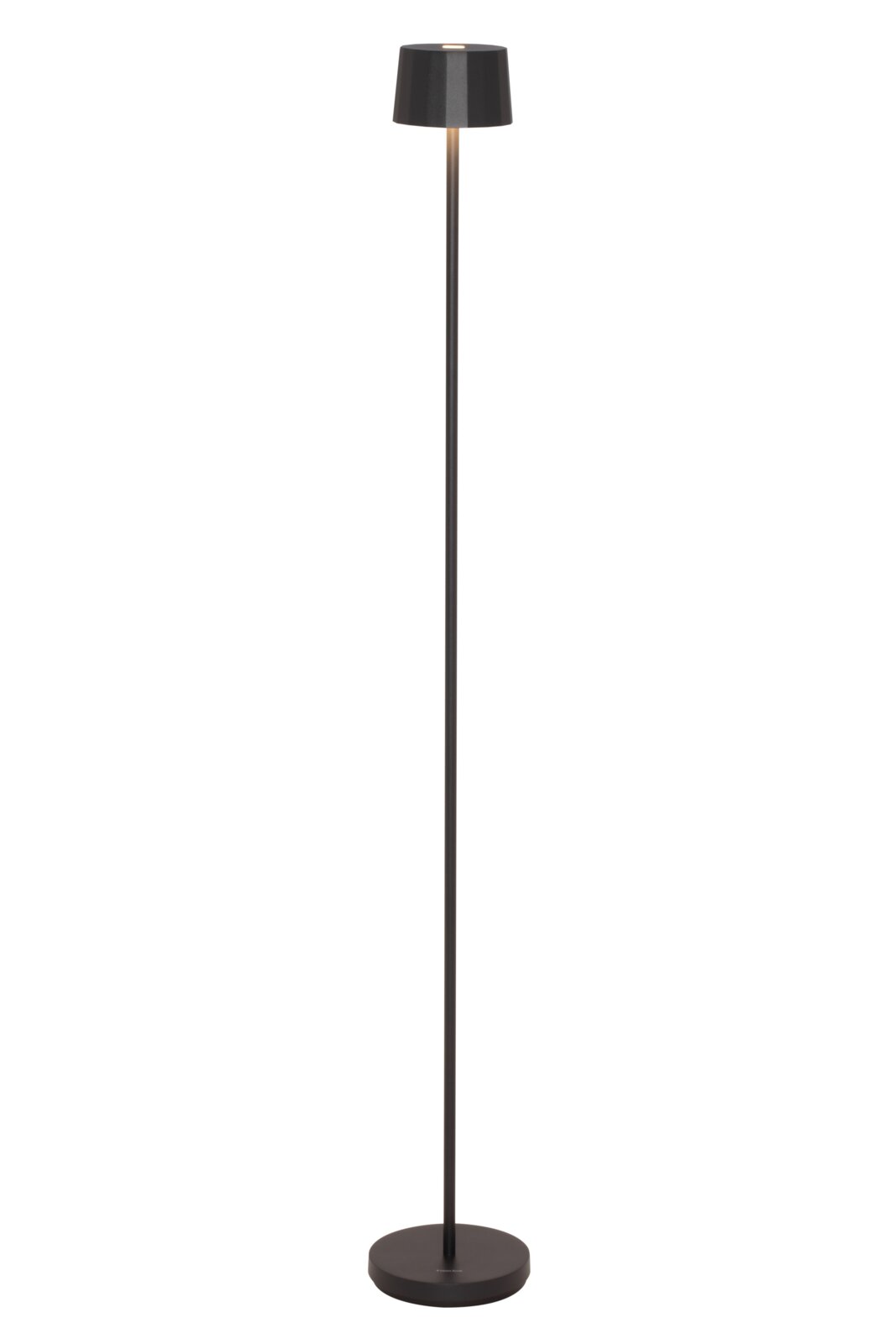 Schwarze Akku-Stehleuchte von Dieter Knoll, schlankes Design mit rundem Sockel und zylindrischem Lampenschirm, seitliche Perspektive.