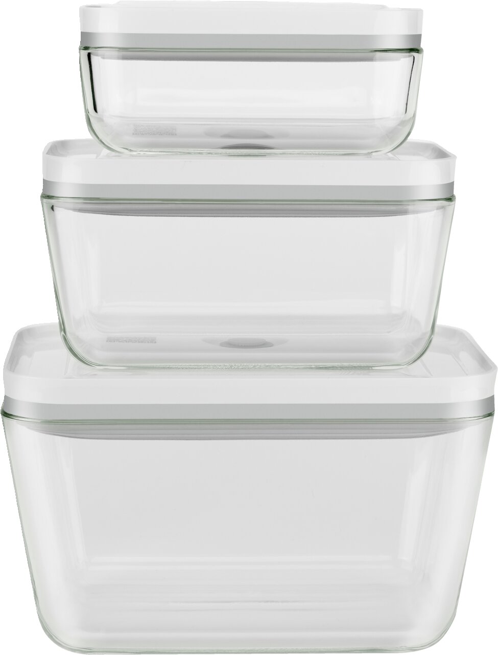 Dreiteiliges Box-Set aus Glas mit weißen Deckeln, gestapelt in Frontalansicht