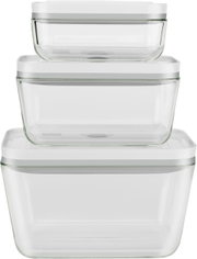 Dreiteiliges Box-Set aus Glas mit weißen Deckeln, gestapelt in Frontalansicht