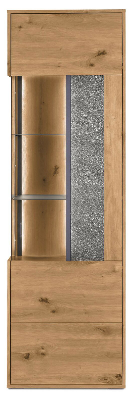 Vitrine aus Holz mit Glaselementen und Steinoptik, Frontalansicht