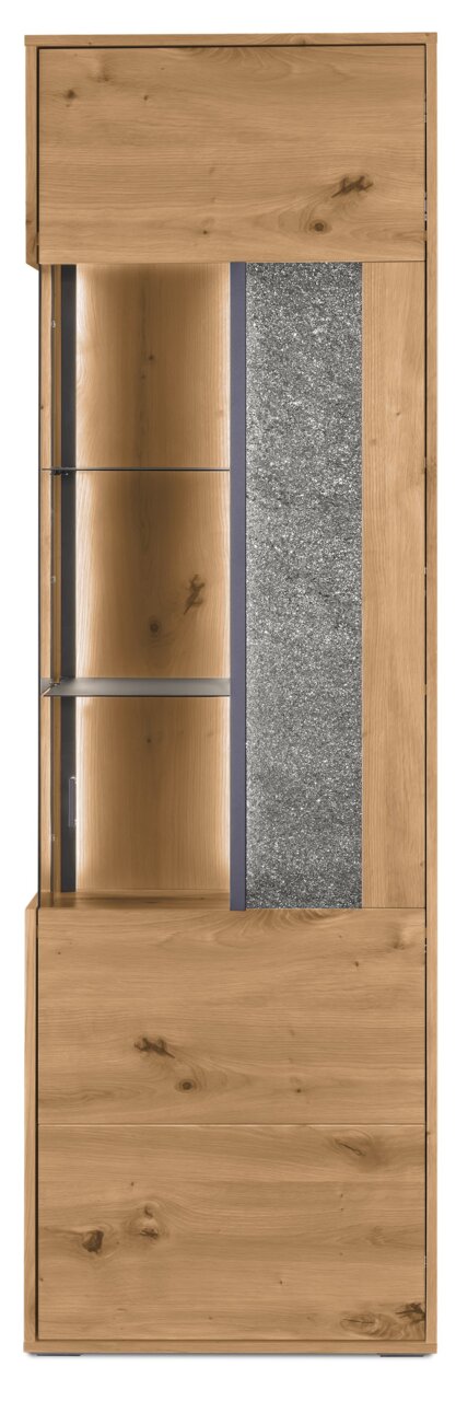 Vitrine aus Holz mit Glaselementen und Steinoptik, Frontalansicht