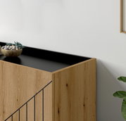 Holz-Sideboard mit schwarzer Oberseite, dekoriert mit einer Schale voller Steine und Pflanzen, aus seitlicher Perspektive.