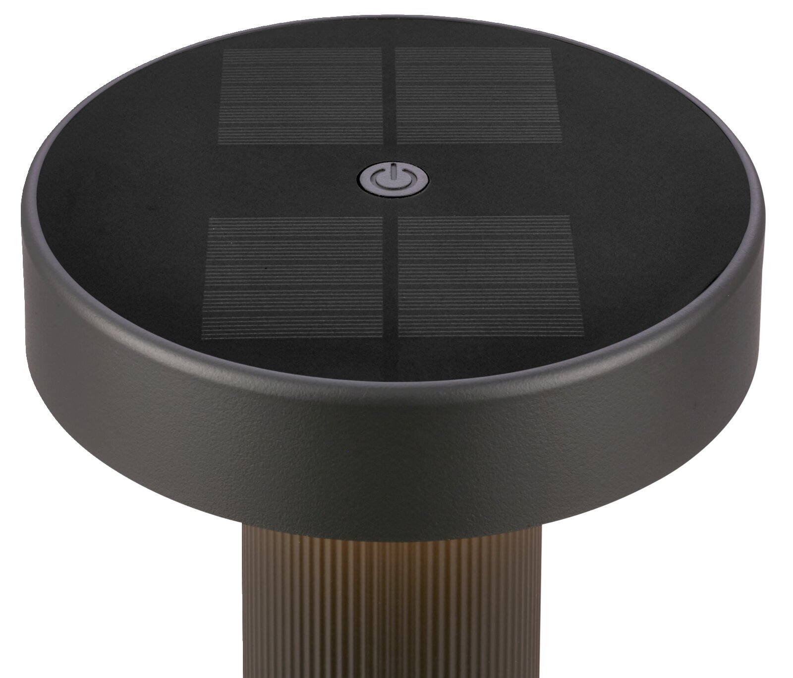 Zwarte ronde zonnepaneeldeksel met vier zonnepanelen en een aan/uit-knop, close-up van bovenaf in een licht schuin perspectief