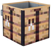 Quadratische Aufbewahrungsbox im Minecraft-Holzblock-Design mit offenem oberen Rand, gezeigt in schräger Vorderansicht (3/4-Perspektive) vor weißem Hintergrund.