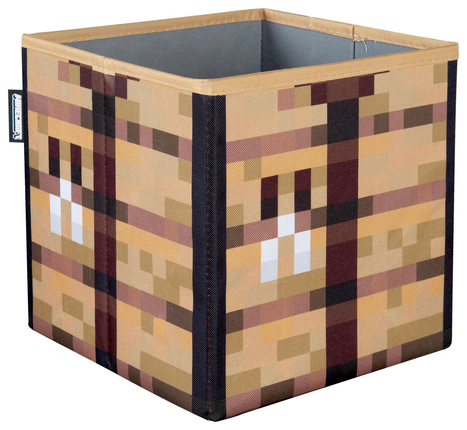 Quadratische Aufbewahrungsbox im Minecraft-Holzblock-Design mit offenem oberen Rand, gezeigt in schräger Vorderansicht (3/4-Perspektive) vor weißem Hintergrund.