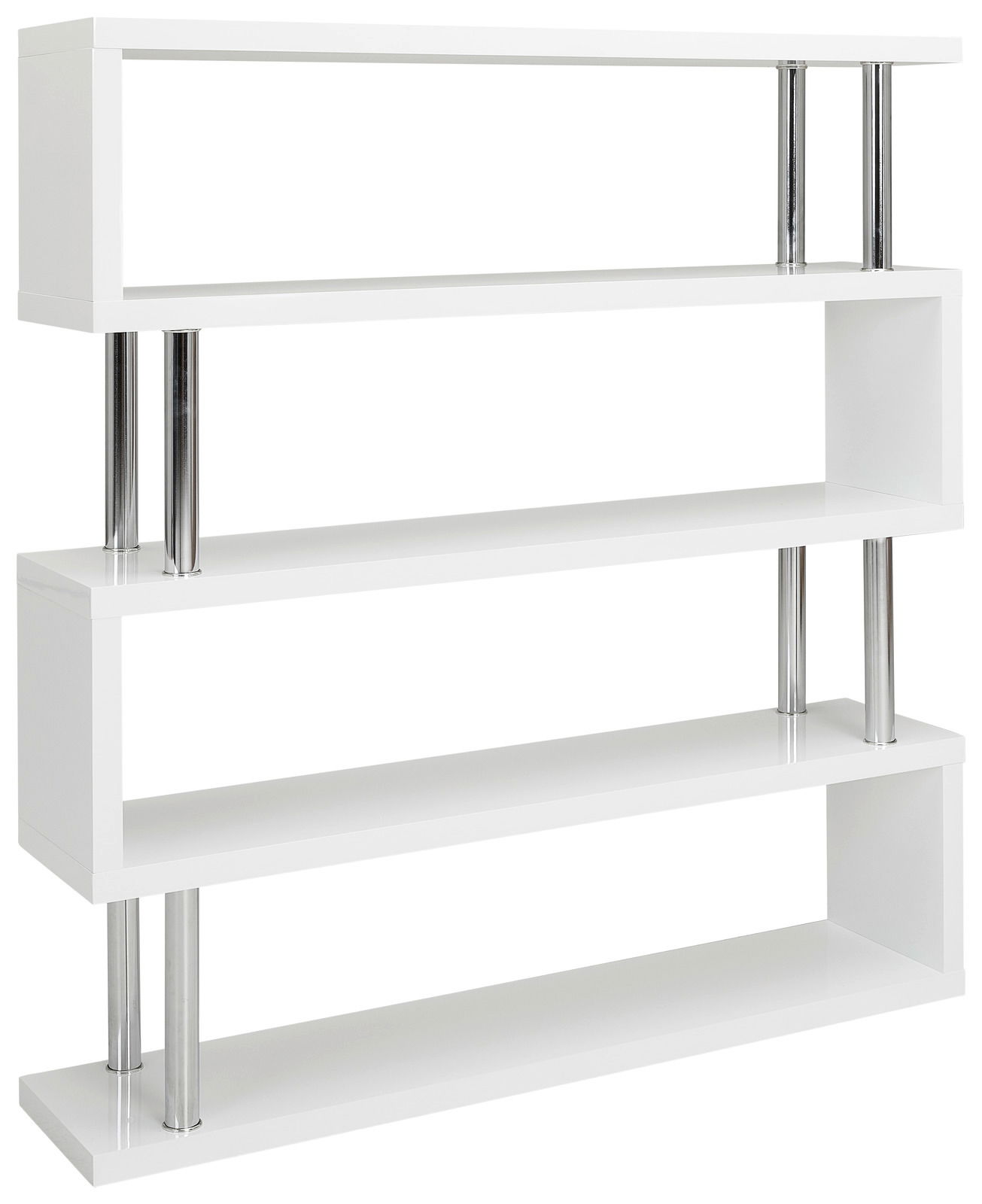 XORA Regal KAZUMI Modernes, weißes Regal mit vier offenen Ablagen und silbernen Metallstützen, seitliche Perspektive.