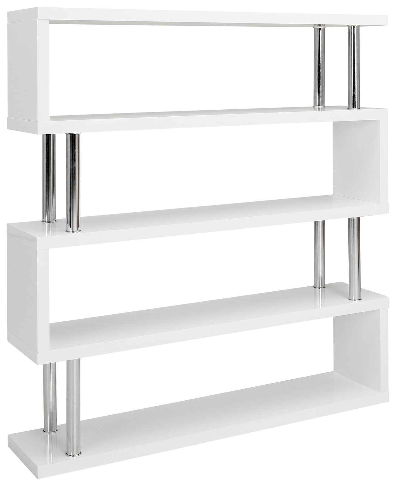 XORA Regal KAZUMI Modernes, weißes Regal mit vier offenen Ablagen und silbernen Metallstützen, seitliche Perspektive.