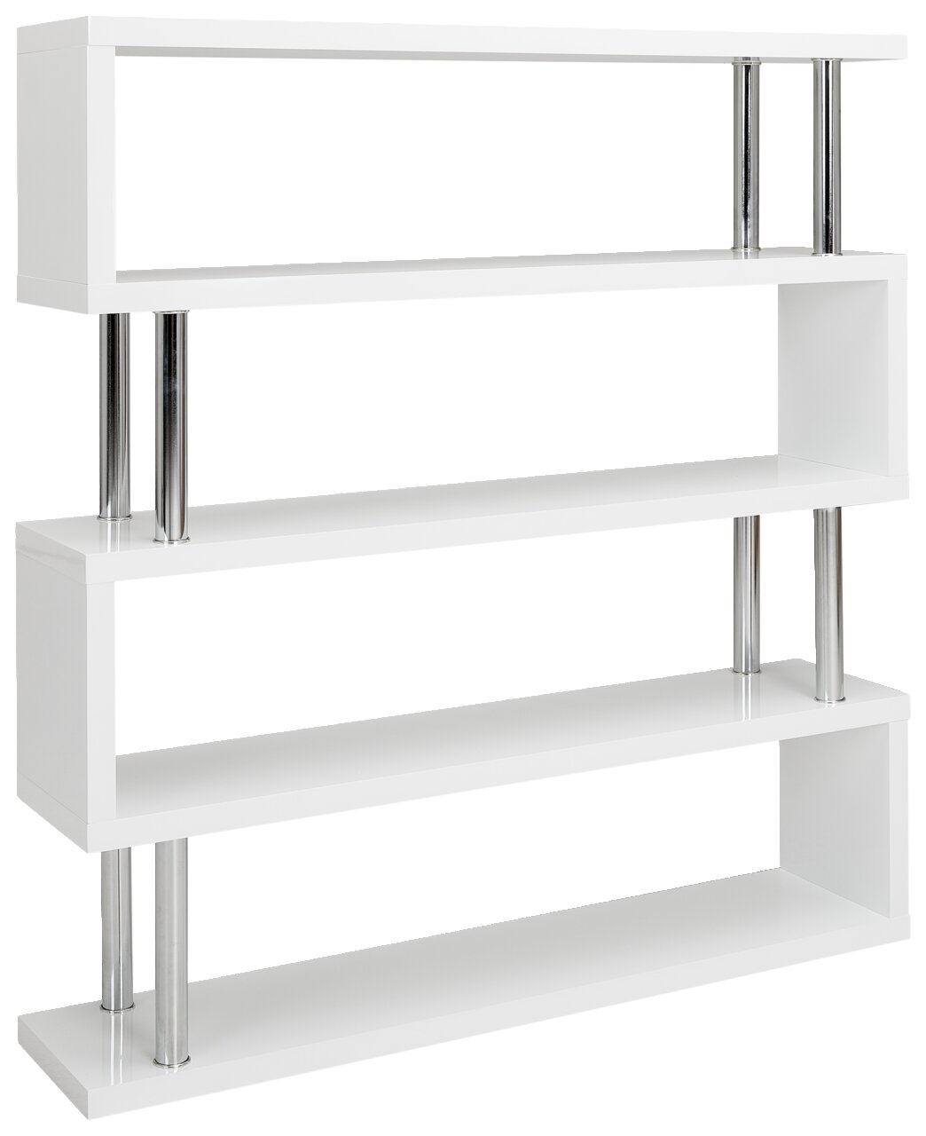 XORA Regal KAZUMI Modernes, weißes Regal mit vier offenen Ablagen und silbernen Metallstützen, seitliche Perspektive.