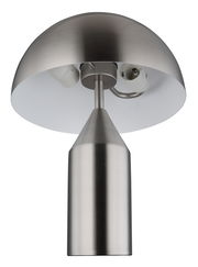 Moderne Tischleuchte ATOMA aus gebürstetem Metall, Ansicht von unten.