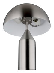Moderne Tischleuchte ATOMA aus gebürstetem Metall, Ansicht von unten.