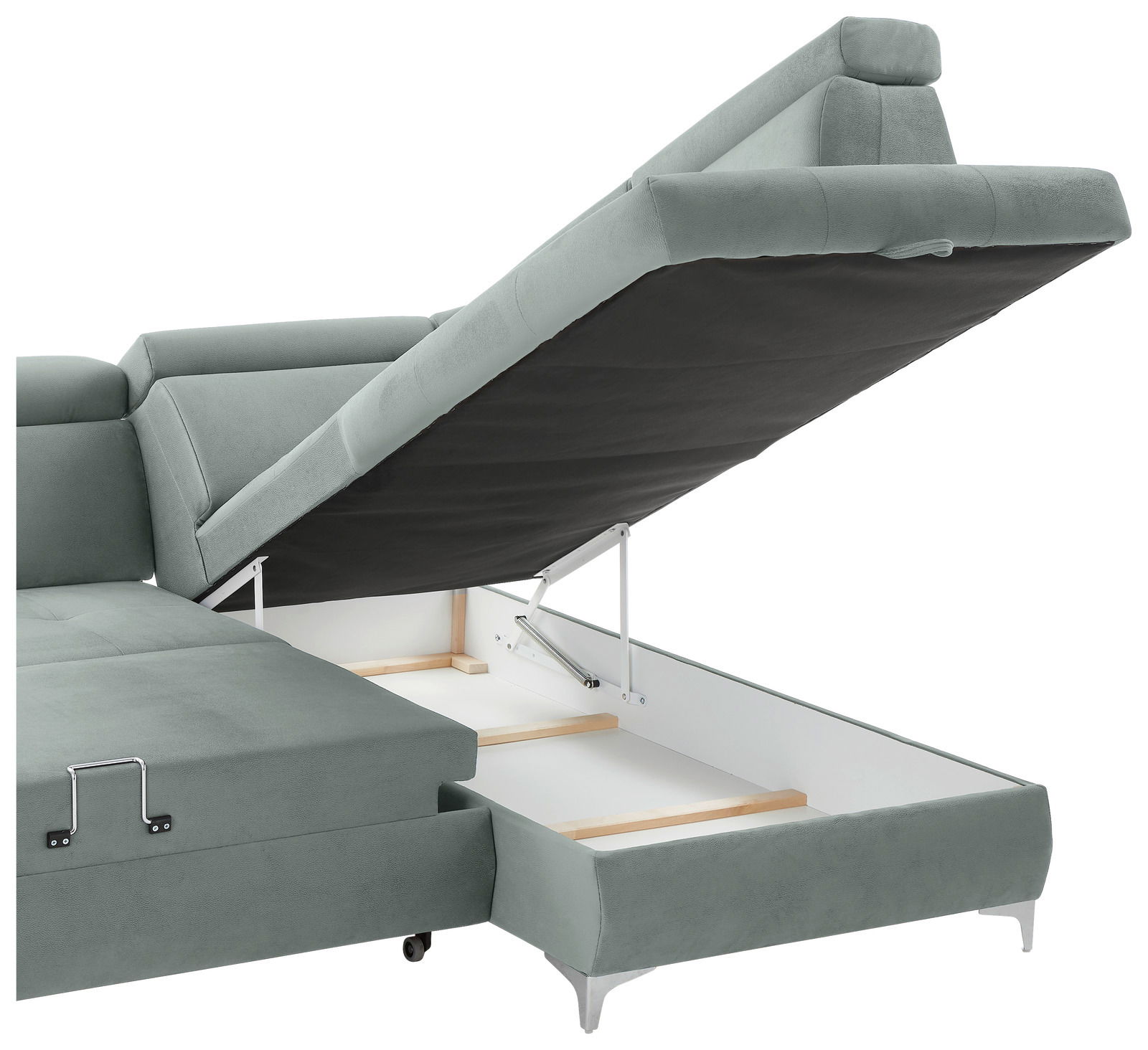 Rundecke (L) in hellgrünem Stoff mit geöffnetem Stauraum, seitliche Perspektive