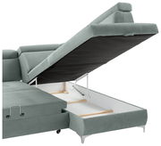 Rundecke (L) in hellgrünem Stoff mit geöffnetem Stauraum, seitliche Perspektive