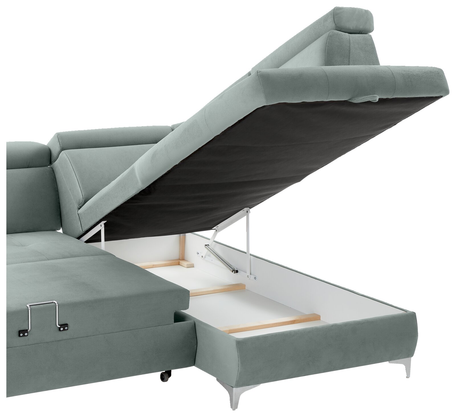 Rundecke (L) in hellgrünem Stoff mit geöffnetem Stauraum, seitliche Perspektive