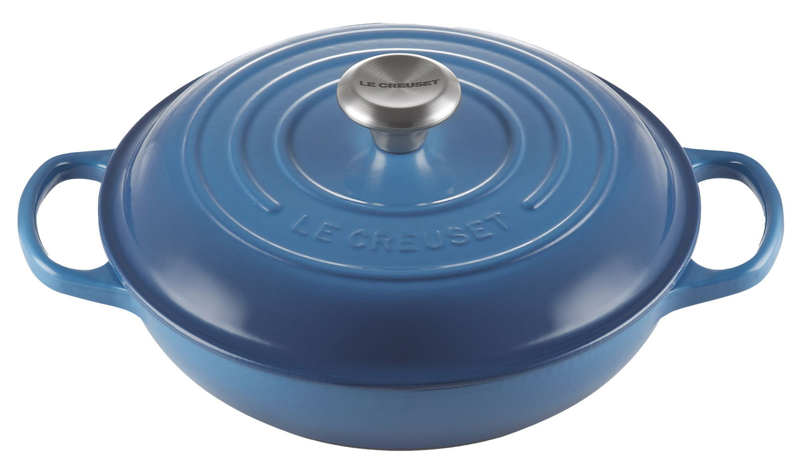 Blaue Le Creuset Gusseisen-Kasserolle mit Deckel, von oben betrachtet, 26 cm Durchmesser.