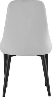 Beiger Polsterstuhl mit schwarzem Vierbein-Gestell, Rückansicht in frontaler Perspektive vor weißem Hintergrund