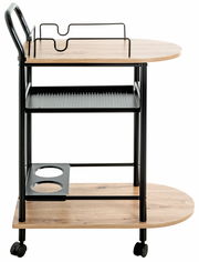 Seitenansicht eines Küchenwagens auf Rollen mit drei Ebenen, schwarzem Metallrahmen und Holzoberflächen.