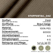 Stoffdetail eines Sofas in L-Form rechts, Cordstoff in Braun-Beige, 100% PES, mit hoher Abrieb- und Pillingfestigkeit, aus der Vogelperspektive.