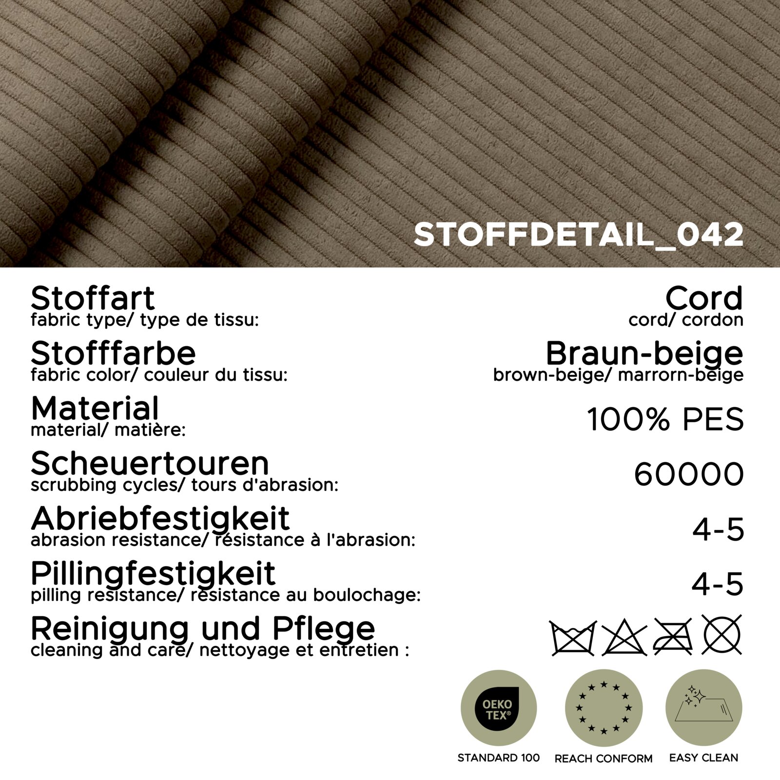 Stoffdetail eines Sofas in L-Form rechts, Cordstoff in Braun-Beige, 100% PES, mit hoher Abrieb- und Pillingfestigkeit, aus der Vogelperspektive.