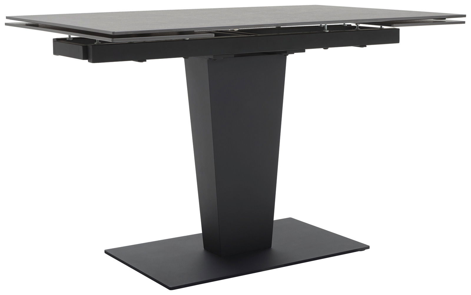Moderner Esstisch mit rechteckiger Tischplatte und zentralem, trapezförmigem Standfuß, seitliche Perspektive