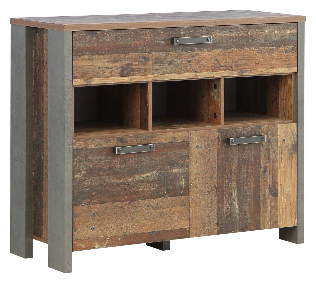 Rustikale Kommode aus Holz mit Metallgriffen, seitliche Perspektive