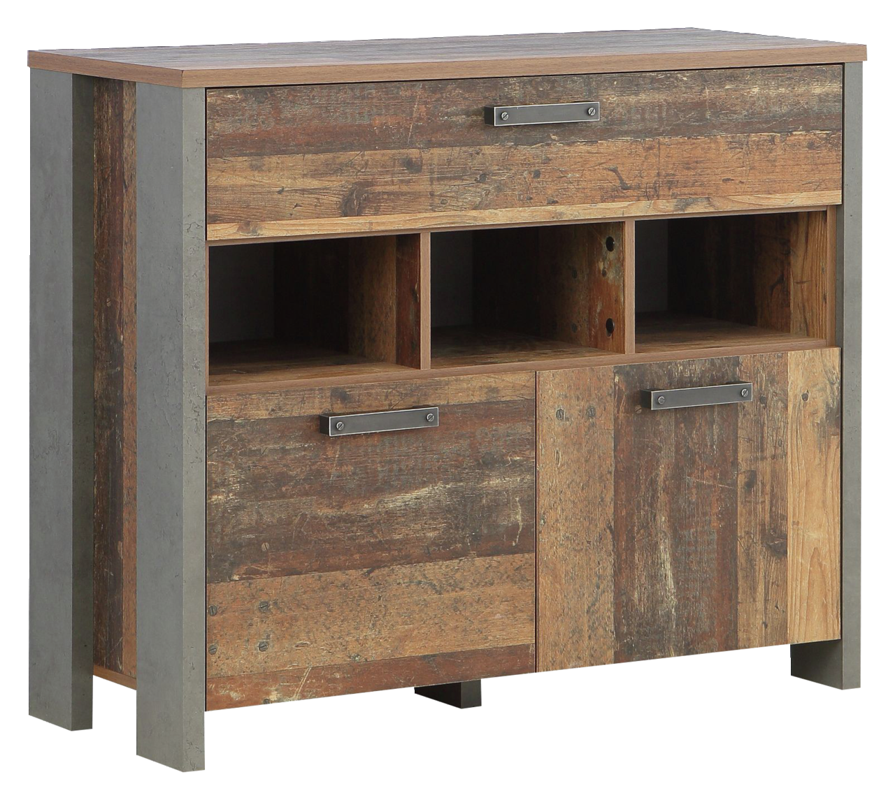 Rustikale Kommode aus Holz mit Metallgriffen, seitliche Perspektive