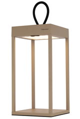 Moderne Akku-Tischleuchte in rechteckiger Form mit schwarzem Griff, seitliche Perspektive