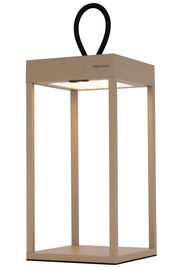 Moderne Akku-Tischleuchte in rechteckiger Form mit schwarzem Griff, seitliche Perspektive