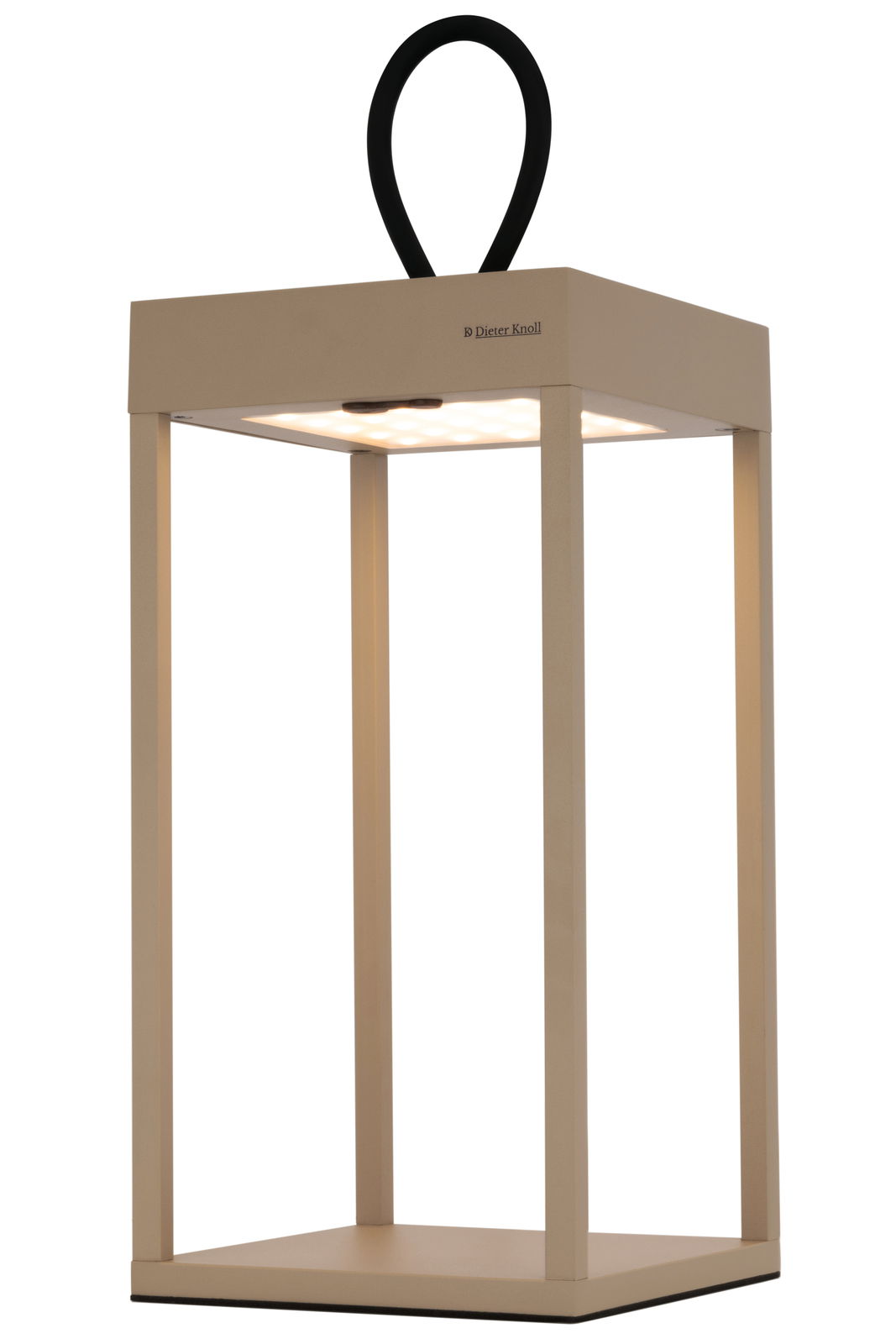 Moderne Akku-Tischleuchte in rechteckiger Form mit schwarzem Griff, seitliche Perspektive