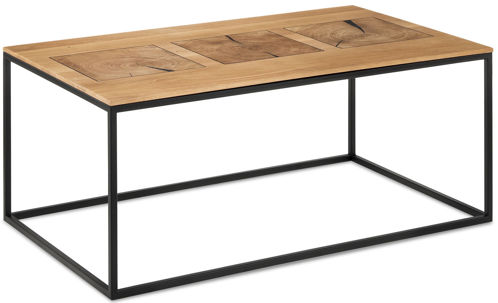 Moderner Couchtisch mit Holzplatte und Metallrahmen, seitliche Perspektive